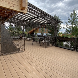 Couverture de terrasse en tant qu'œuvre d'art - arbre forgé à la main, un pin, avec garde-corps et accessoires Couverture de terrasse en tant qu'œuvre d'art - arbre forgé à la main, un pin, avec garde-corps et accessoires