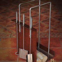 Ensemble de chemin�e - inox + rouille - panier à bois et accessoires de chemin�e