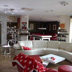 Am�nagement de luminaires dans le salon. Chandelier et plafonnier en acier inoxydable.