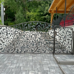 Portail design forgé à la main en forme de branches de chêne, situé près d'une maison familiale dans l'est de la Slovaquie Portail design forgé à la main en forme de branches de chêne, situé près d'une maison familiale dans l'est de la Slovaquie